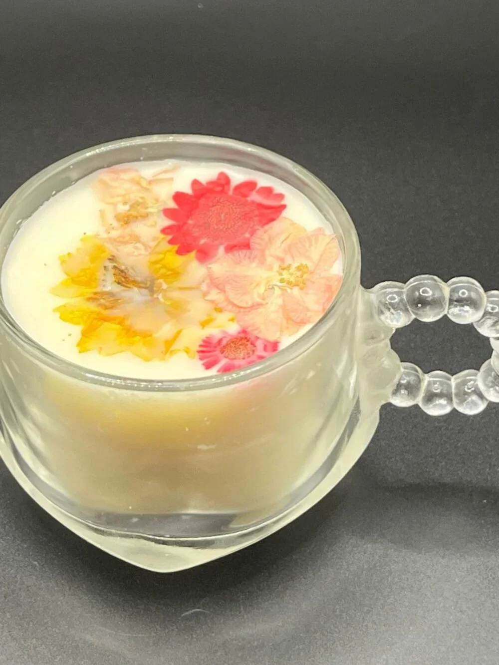 Wickless Pink & Yellow Floral Soy Candle in Clear Glass Mug with Beaded Handle